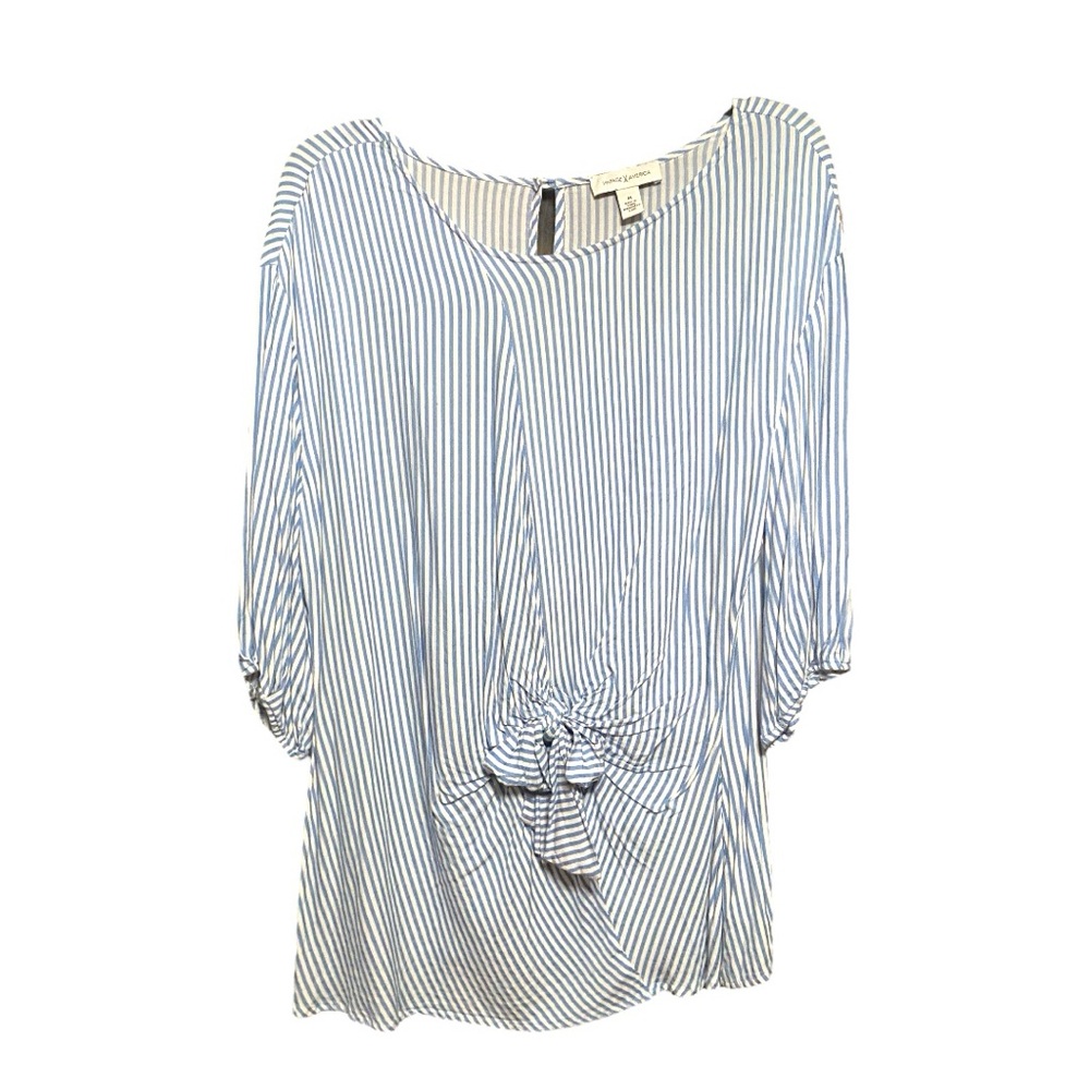Vintage America Blue and White Flutter Sleeve Blouse with Tie Front M